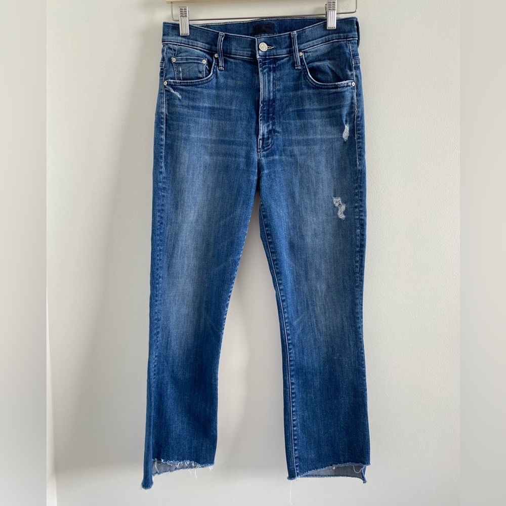 MOTHER Blue Distressed Ankle Crop Jeans